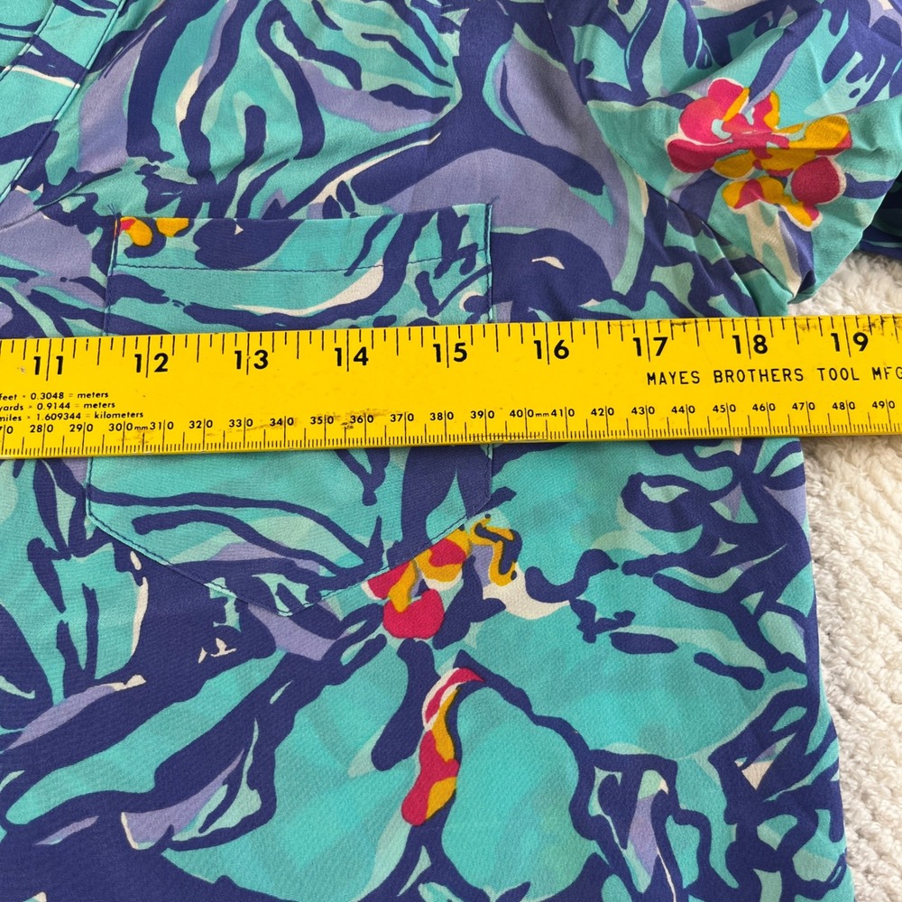 Lilly Pulitzer Elsa Silk Blouse XS Blue Teal Pineapple Floral Long Sleeve Top - Picture 4 of 7